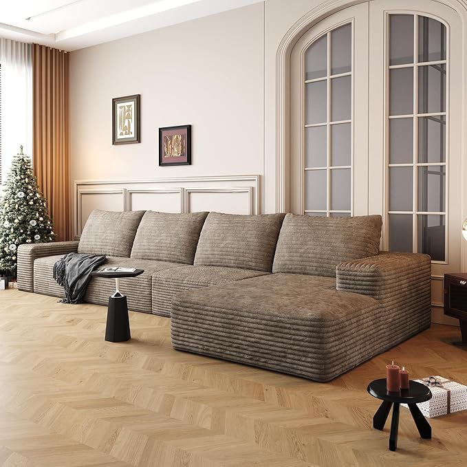 136" Sectional Couches for Living Room Cloud Couch Sofa with L-Shape Upholstered Boneless Couchs Modern Modular Sectional Couch with Chaise (Camel, 136" Right Facing Chaise+3Seaters)