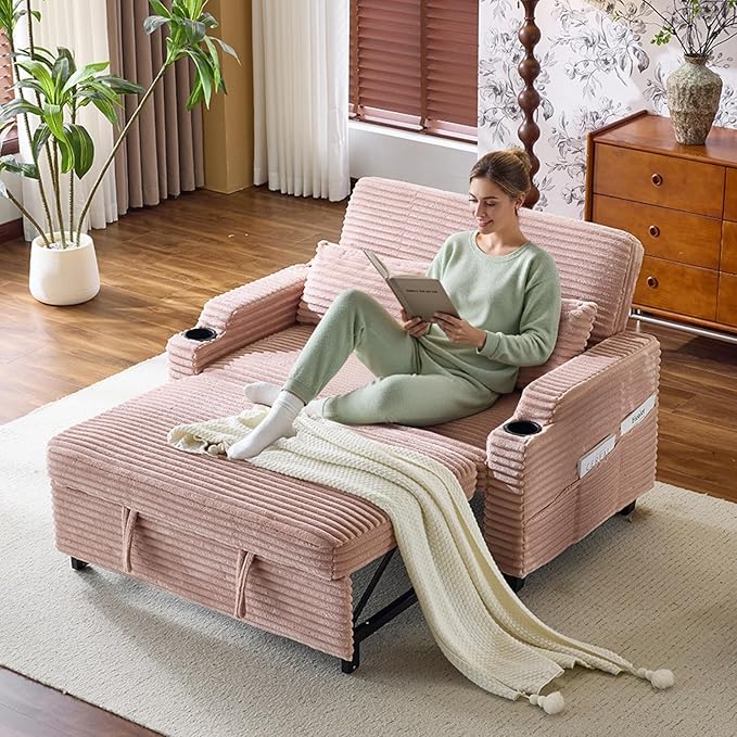 VINGLI Pink Futon Sofa Bed Convertible Loveseat Sleeper Sofa Couch, Corduroy Pullout Sofa Fold Out Couch Bed with USB Ports, Cup Holders, Armrest for Living Room, Bedroom Apartment Room | Loveseat Sleeper