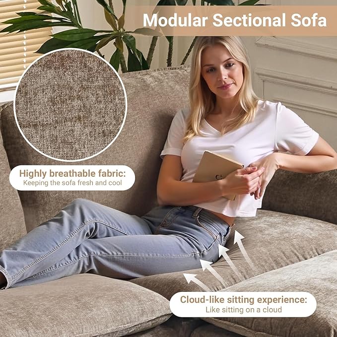 VINGLI Convertible Sectional Loveseat Sofa with Deep Seat &Movable 2-Layer Ottoman, Oversized L-shape Cloud Sofa with Chaise & Armrests, 2-Seat Sofa for Small Spaces & Apartment, Chenille, Light-Brown