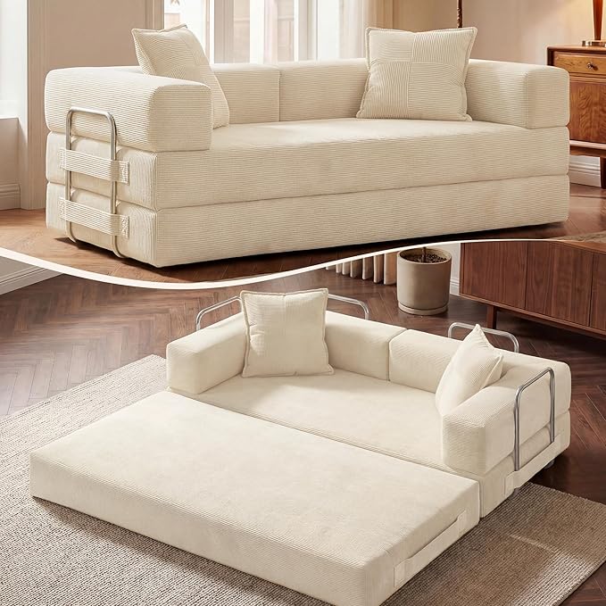 78 Inch Convertible Sofa Bed, 5-in-1 Futon Sofa Bed Pull Out Couch, Boneless Couch Bed for Living Room, Corduroy Boneless Couches for Bedroom, Apartment, No Assembly Sleeper Sofa Bed, Beige | 4 Fixed-Shape Frame, Removable Corduroy, High-density foam, ...