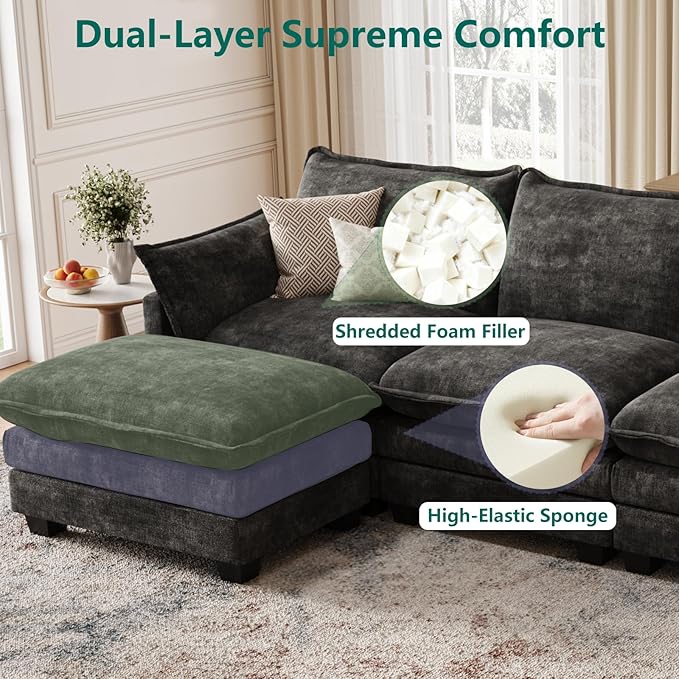 Modular Sectional U Shaped Sofa Couches for Living Room, Cloud Couch with Movable Ottoman, Comfy Chenille Sofa with Pillow for Bedroom and Apartment,Black