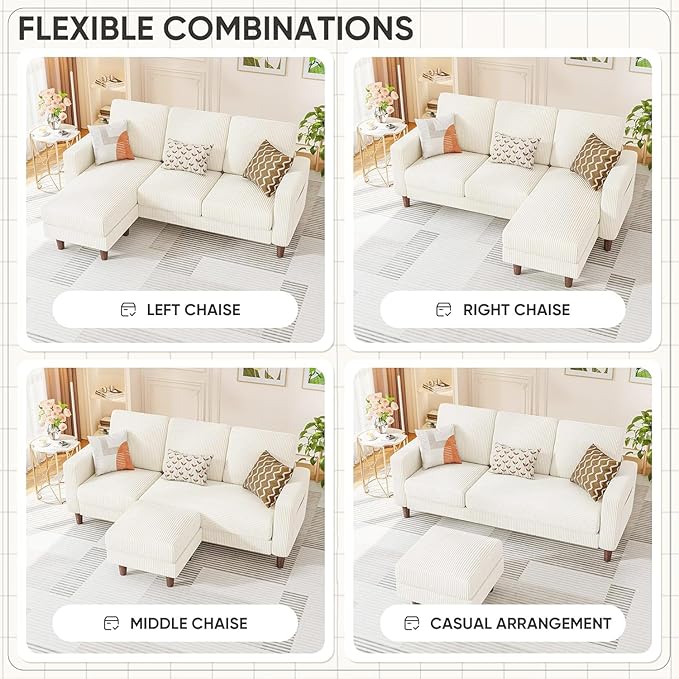 Homall Convertible Sectional Sofa 3 Seat L Shaped Couch with Side Storage Pocket, Sofas with Movable Ottoman, Corduroy Small Couches for Living Room & Apartment (Corduroy, Beige)