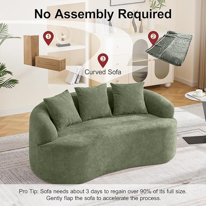 65" Curved Loveseat Sofa, Deep Seat Love Seat Couches with 3 Throw Pillows, Modern 2 Seater Boneless Curved Couch, Compressed Floor Sofa for Living Room Small Spaces, No Assembly, Green