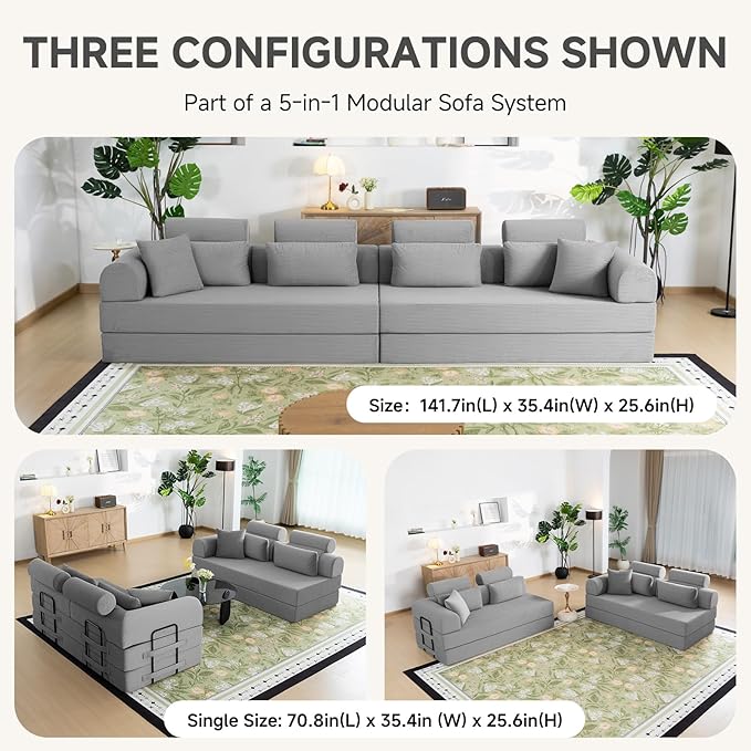 106" L-Shaped Boneless Sectional Couch, 2-Piece 70.87" Modules, Converts to 141.7" Extra-Long Straight Sofa, Corduroy Couch in a Box with Headrest & Back Pillows for Living Room, Light Grey