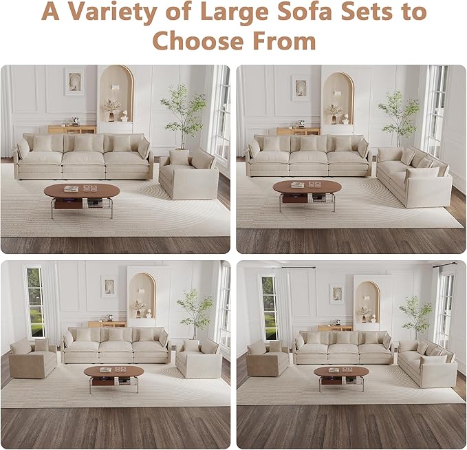 mikibama Modular Sectional Sofa, 146.5 Inch U Shaped Couch Set for Living Room, 4-Seater Comfy Cloud Couches with Two Movable Ottoman, DIY Combination, Chenille, Light Coffee