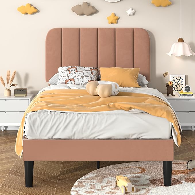 VECELO Twin Size Bed Frame with Upholstered Headboard, Velvet Platform Bedframe Mattress Foundation, Strong Wood Slat Support, No Box Spring Needed,Tan Brown