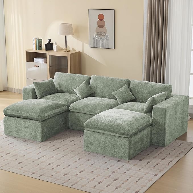 115'' Cloud Boneless Sectional Couch, Modular Sectional Sofa Deep Seat with 2 Ottomans, Oversized Upholstered Convertible Comfy 5 Seater Chenille Sofa U Shape Couches for Living Room, Green