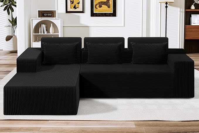 HABUTWAY Sectional Couches for Living Room,No Assembly L Shaped Couch 105" Modular Sectional Sofa Couch with Deep Seat,Cloud Couches Furniture Sets for Apartment,Corduroy (Black, Left Facing)