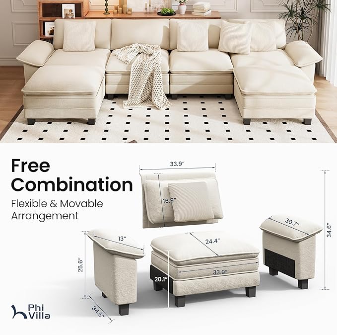 PHI VILLA Cloud Modular Couch Sets, 123.6" Sectional Sofa with U-Shaped Chaise, 5-Seater Couches with 2 Movable Ottomans for Living Room, Chenille Fabric, Beige