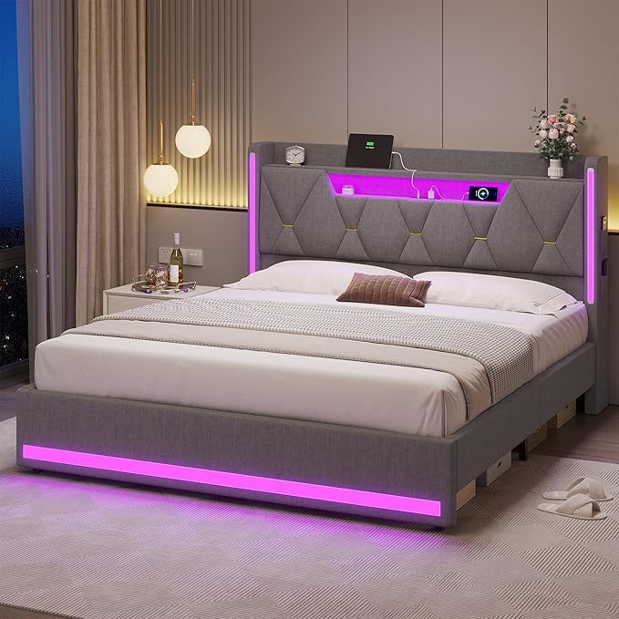 busyaeh Queen Bed Frame with Storage Headboard, Metal Bed Frame with LED Lights & Charging Station, Upholstered Queen Bed with Marshmallow Headboard, No Box Spring Needed, Easy Assembly，Dark Gray