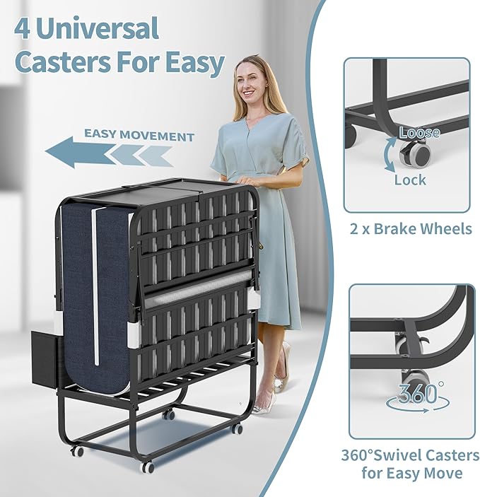 Folding Bed, 74"x31" Portable Beds for Adults, Heavy Duty Sturdy Metal Frame, Foldable Bed on Wheels for Twin Size, Space Saving Rollaway Bed for Guest, Easy Storage(Headboard and Side Storage Pocket)