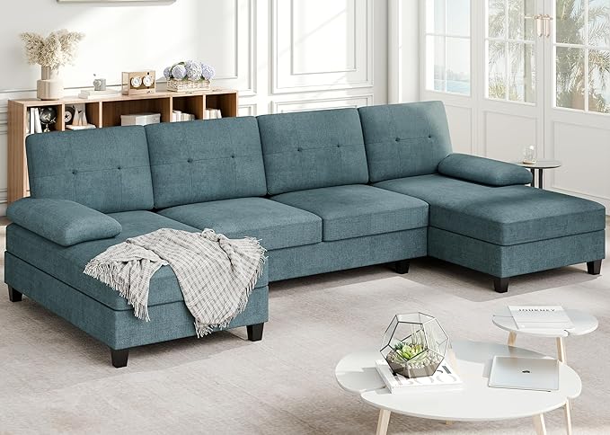 Meilocar Sectional Couches for Living Room, 106 in U Shaped Couch Soft Sectional Sofa with Double Chaise, Comfortable 4 Seat Sofa Couch (Blue) | Breathable Fabric, Double Chaise