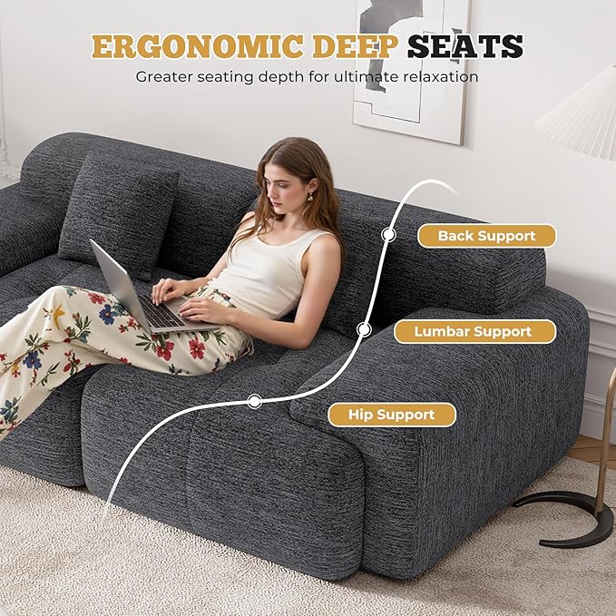 85" Cloud Loveseat Sofa in a Box, Modern Small Couch No Assembly Required, Comfy Deep Seat Boneless Couches for Living Room, Bedroom, Apartment, Grey-Black 1 PCS