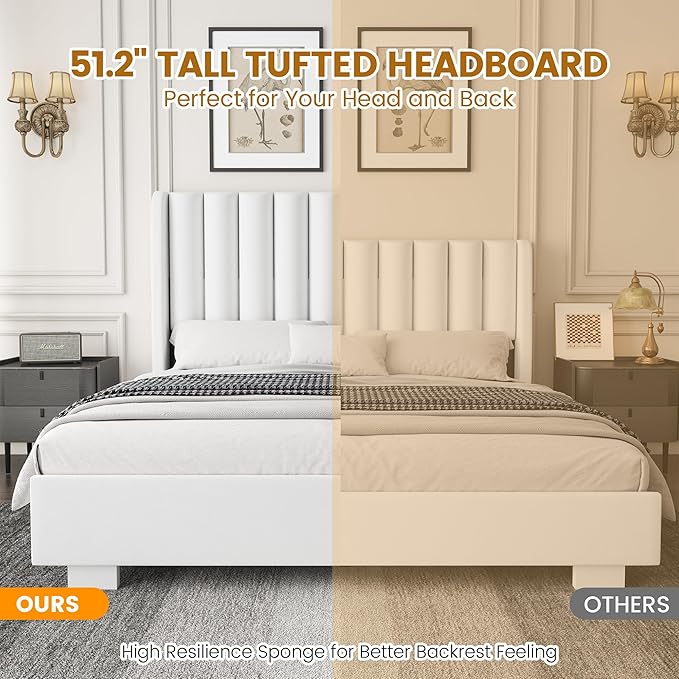 King Size Upholstered Lift Up Storage Bed Frame with 51.2" Tall Headboard, Velvet Wingback Tufted Design, Wood Slats Support, No Box Spring Required, Noise-Free Double Low Bed Frame (King,White)