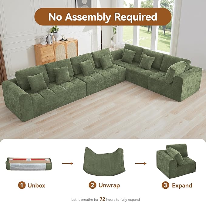 140''Modular Sectional Couches for Living Room, Cloud Boneless Compressed Sectional Sofa, Oversized L Shaped 7 Seater Upholstered Memory Foam Sofa, No Assembly, Chenille Green