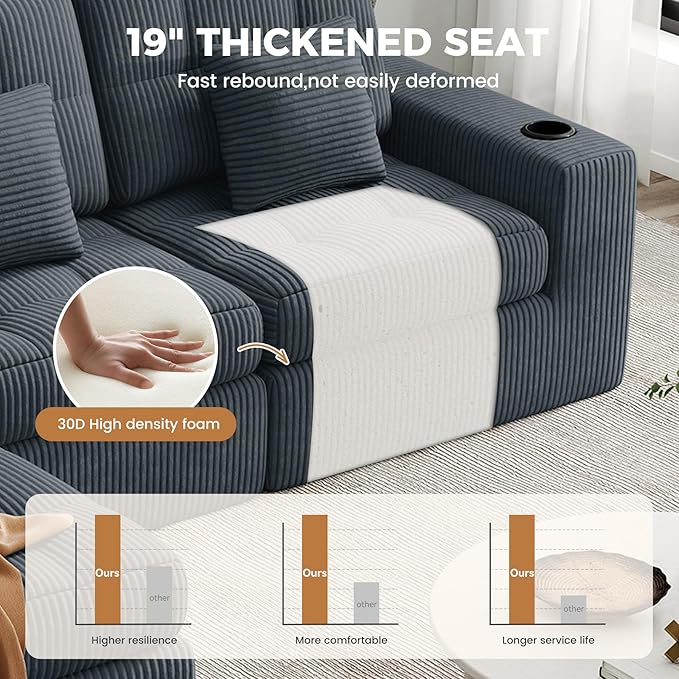 144" U Shaped Cloud Boneless Couch,Modern Modular Sectional Sofa with Layered Cushion,No Assembly Convertible Corduroy Couches for Living Room,Grey 1 PCS