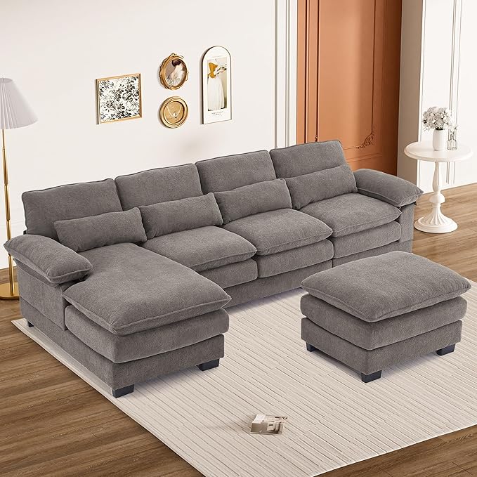 113" Cloud Couch Sectional Modular Sofa U Shaped Sectional Couches for Living Room Comfy 5-Seater Deep Seat Couch Chenille Cloud Sectional Sofa with Movable Ottoman & 4 Pillows, Stone Grey