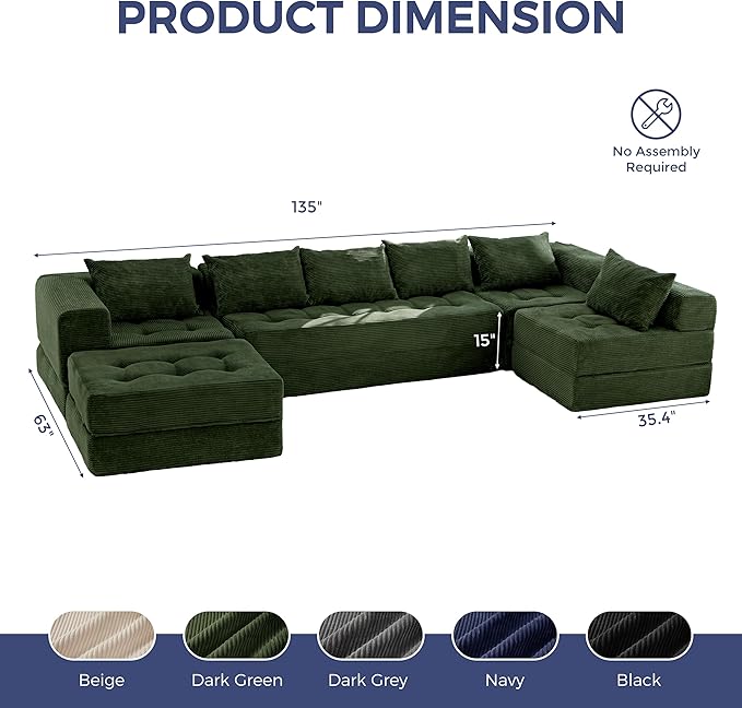 MAXYOYO Modular Sectional Sofa Couch, Foldable U Shaped Cloud Couch with Pillows, Tufted 7-Seat Boneless Sleeper Lounger Floor Sofa Bed for Living Room, No Assembly Required, Dark Green