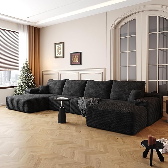 136" Sectional Couches for Living Room Cloud Couch Sofa with L-Shape Upholstered Boneless Couchs Modern Modular Sectional Couch with Chaise (Black, 136" Left Facing Chaise+3Seaters+Ottoman)