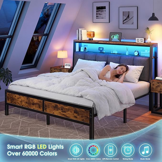 Homkdom Full Size Bed Frame with Charging Station and LED Lights, Grey Upholstered Headboard with 2-Tier Storage Shelves,12" Under-Bed Storage, No Sliding,Noise-Free,Easy Assembly,Vintage Brown
