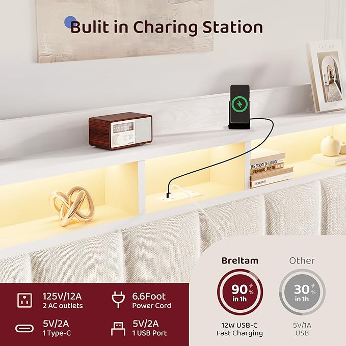 BRELTAM Queen Size Bed Frame with 2 Storage Drawers and 2-Tier Headboard,Upholstered Wooden Platform Bed with Charging Station, LED Lights,Noise-Free/Metal Support/No Box Spring Needed,White