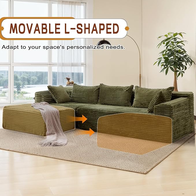 110" L-Shaped Modular Sectional Sofa with Chaise, Boneless Comfy Corduroy Fluffy Couch with Deep Seat and Side Pockets, Flexible Module Combination for Living Room, No Assembly, Side Pockets