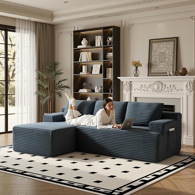 96" Sectional Couches for Living Room Cloud Couch Sofa with L-Shape Upholstered Boneless Couchs Modern Modular Sectional Couch with Chaise (Dark Grey, 96" W+Left Facing Chaise+2Seaters)