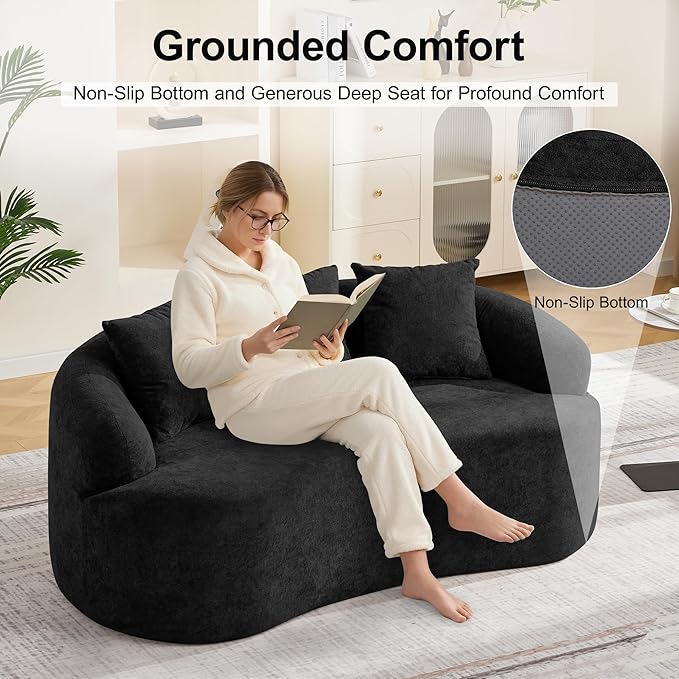 65" Boneless Curved Loveseat Sofa, Deep Seat Love Seat Couches, Modern 2 Seater Curved Couch with 3 Throw Pillows, Compressed Floor Sofa for Living Room Small Spaces, No Assembly, Black