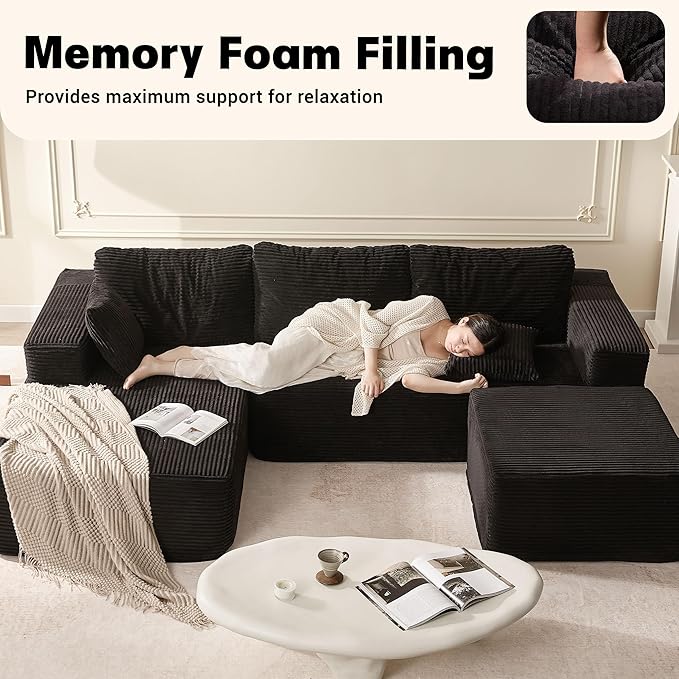 107" Boneless Couch with Deep Seat, Set of Modular Sectional Sofa, Cloud Sectional Couch for Living Room, No Assembly Required, Corduroy, U-Shape 3 Seater Left, Black