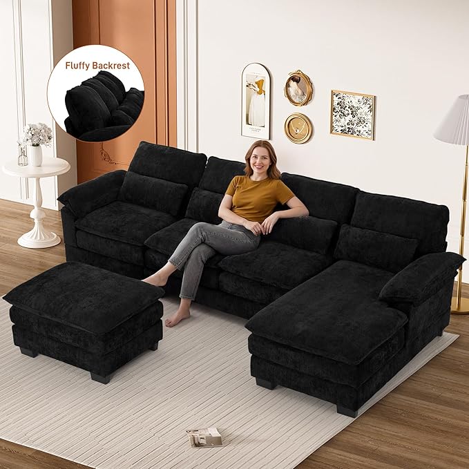 114" Cloud Couch Sectional Modular Sofa U Shaped Sectional Couches for Living Room Comfy 5-Seater Deep Seat Couch Chenille Cloud Sectional Sofa with Movable Ottoman & 4 Pillows, Jet Black