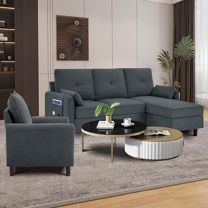 Convertible Sectional Sofa, 77" Small L Shaped 3 Seat Couch with Reversible Storage Chaise, and Accent Chair Set Modern Polyester Fabric Sofa Couches for Living Room, Apartment, Dark Grey