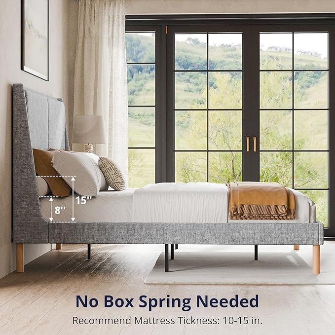 Cozy Castle Full Upholstered Platform Bed Frame with 51.2" Tall Wingback Headboard, Double Backrest Metal Bed Frame, No Box Spring Needed, Easy Assembly, Bedroom Furniture, Grey