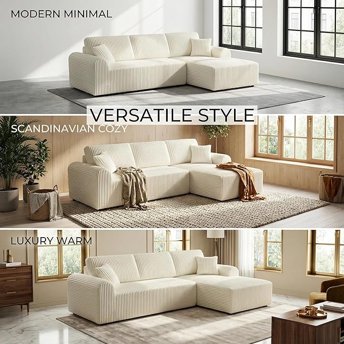 109“L-Shaped Sectional Sofa Boneless Couch Upholstery Cloud Modular Couch with Chaise No Assembly Required Corduroy Fabric Combination Deep Seat Living Room Bedroom(Cream, Right Hand Facing)