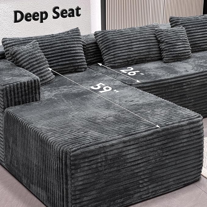 Boneless Modular Sectional Sofa, Cloud Couch with Left Facing Chaise, Oversized Deep Seat, L-Shaped, Soft Corduroy Fabric, Sectional Couch for Living Room -Grey