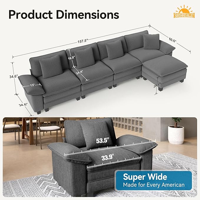 L Shaped Modular Cloud Couch, 157.5'' Oversized Corduroy Sectional Sofa with Wider Armrest and Ottoman, Upholstered 5-Seat Modern Deep Seat for Bedroom Living Room, Grey