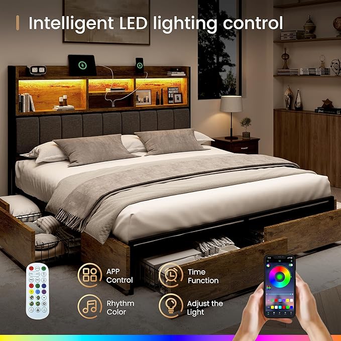 BRELTAM Queen Bed Frame with 6 Storage Drawers, Linen Upholstered Headboard, Built-in USB Charging Station & LED Lighting, Silent Metal Support, No Box Spring Needed, Vintage Brown
