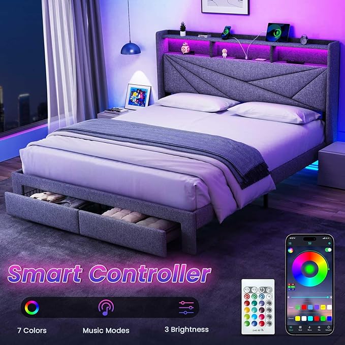 Driftalia LED Queen Bed Frame with 2 Storage Drawers, Upholstered Bed Frame Queen Size with Headboard and Charging Station, No Box Spring Needed, Easy to Assembly-Light Grey