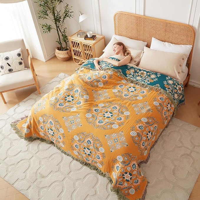 Boho Throw Blanket for Bed 100% Cotton Soft Lightweight Quilt Floral Embroidery Home Decor Spring Breathable Bed Blanket,60"x80" All Season Reversible Twin Yellow Blankets for Sofa Couch Chair