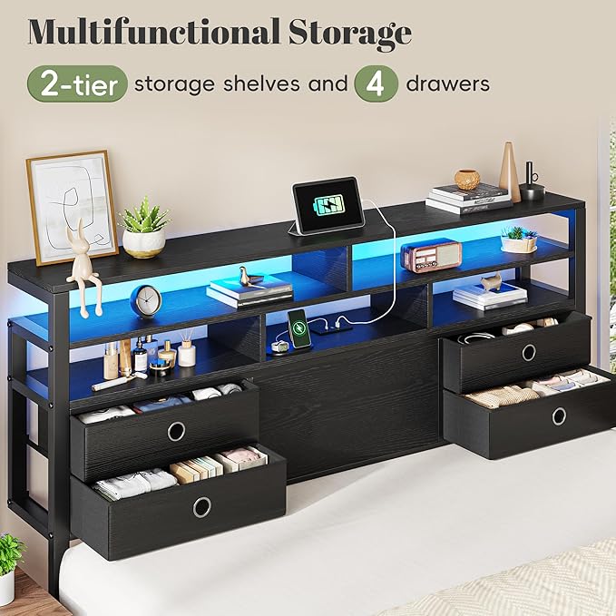 Homkdom King Size Bed Frame with 2-Tier Storage Headboard and 4 Drawers,King Bed Frame with LED Light & Charging Ports,Metal Platform Bed Frame,1100LB-Heavy Duty for Apartment,Guest Room,Modern Black