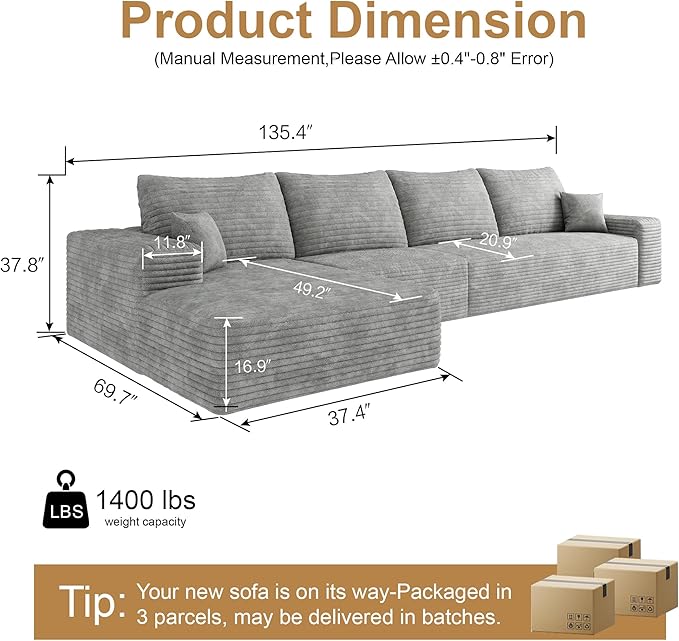 136" Sectional Couches for Living Room Cloud Couch Sofa with L-Shape Upholstered Boneless Couchs Modern Modular Sectional Couch with Chaise (Grey, 136" Left Facing Chaise+3Seaters)