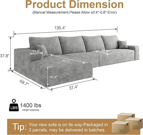 136" Sectional Couches for Living Room Cloud Couch Sofa with L-Shape Upholstered Boneless Couchs Modern Modular Sectional Couch with Chaise (Grey, 136" Left Facing Chaise+3Seaters)