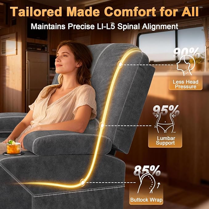 Oversized Manual Recliner Chair, 3X Recliner Home Theater Seating, RV Recliner Single Sofa with Storage, Cup Holder & Side Pocket, Reclining Chair for RV, Home Theater & Living Room (Velvet,Grey)