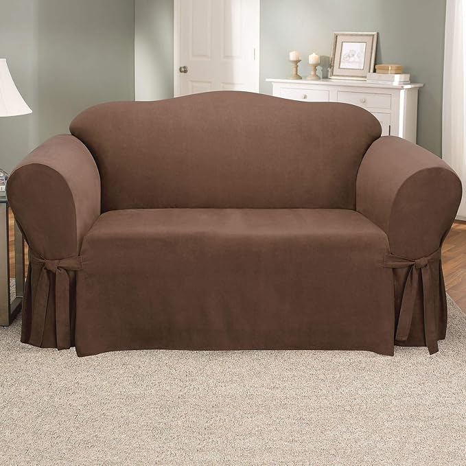 SureFit Home Décor Soft Suede Box Cushion Loveseat One Piece Slipcover, Relaxed Fit, Polyester, Machine Washable, Chocolate Color