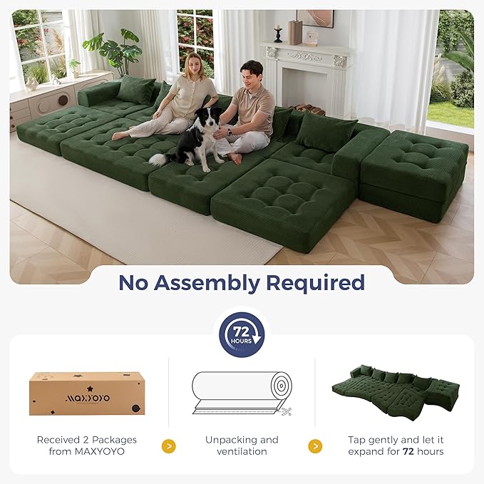 MAXYOYO Modular Sectional Sofa Couch, Foldable U Shaped Cloud Couch with Pillows, Tufted 6-Seat Boneless Sleeper Lounger Floor Sofa Bed for Living Room, No Assembly Required, Dark Green