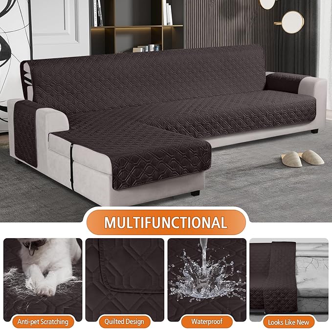 VANSOFY Upgraded Sectional Couch Covers 100% Waterproof L Shaped Sofa Slipcover Reversible Chaise Lounge Cover for Sectional Sofa Furniture Protector Cover for Pets Dog Cat(X-Large, Chocolate)