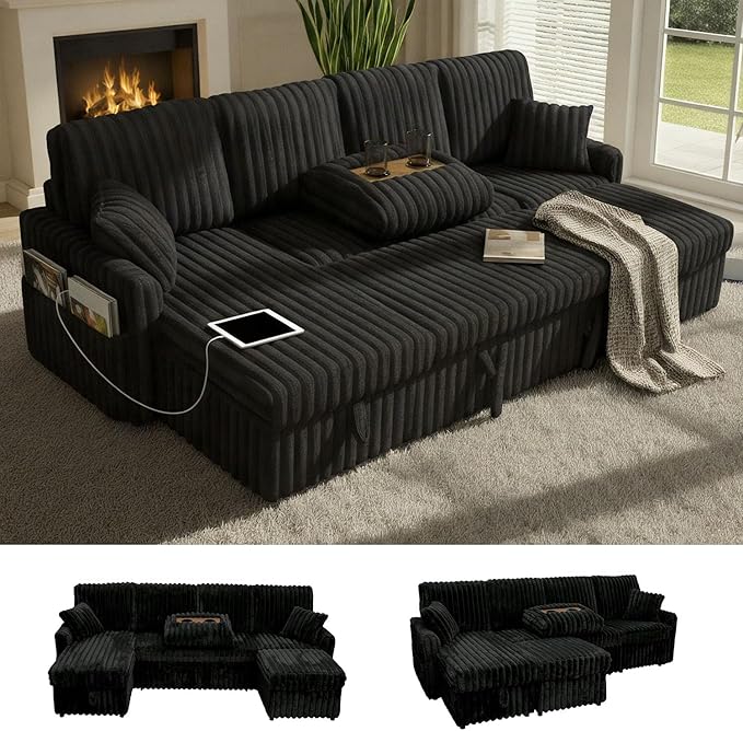 104" U Shaped Sleeper Sofa Bed, Sectional Couches for Living Room, Plush Corduroy Pull Out Couch Bed with Storage, Modular Sectional Couch with Charging Station, Cup Holder, Side Pocket, Black