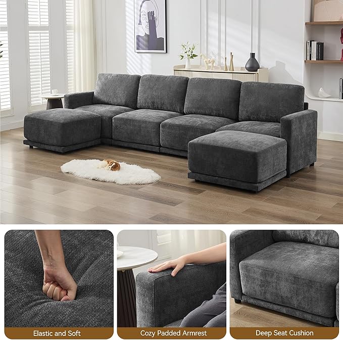 44.2" Chenille Oversized Chair with Movable Ottoman, Modular 1 Seat Couch with Thickened Cushions, Modern Single Sofa Chaise Lounge Reading Chair for Living Room, Small Apartment, Grey