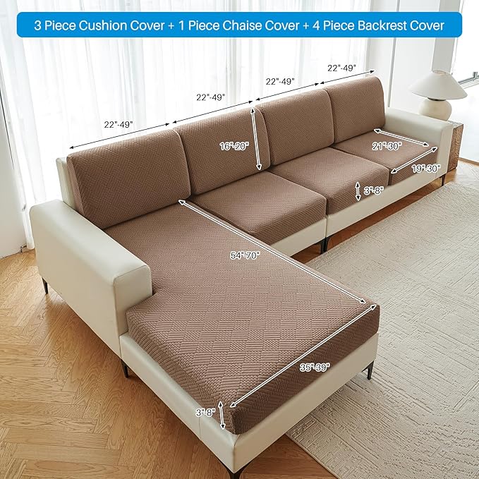 Deep Dream Sectional Couch Covers 8 Pieces, Stretch Couch Cushion Covers, L Shaped Washable Sofa Covers for Left/Right Sectional Sofa (4 Backrest Cover + 3 Seater + 1 Chaise, Brown)