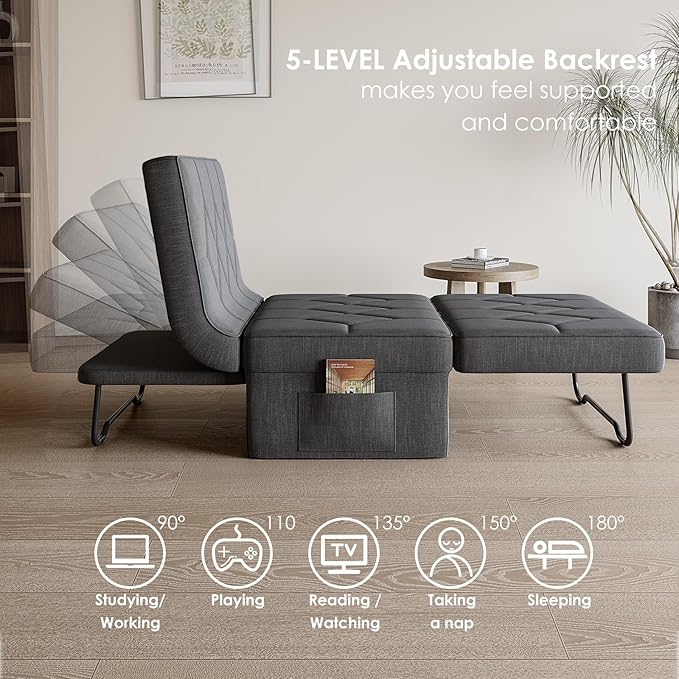 Convertible Sofa Bed with 5-Level Adjustable Backrest, 74" D x 28" W 4-in-1 Folding Ottoman Sleeper Chair Bed, Modern Single Futon Couch for Living Room Apartment Dorm Small Space, Dark Grey