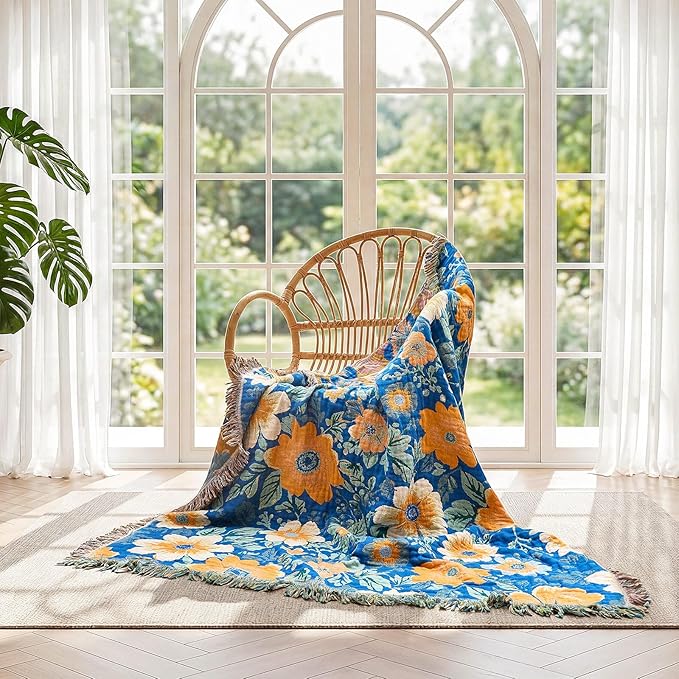 LUTBM Boho Throw Blanket for Bed Cotton Spring Blankets for Bedroom Living Room Twin All Season Lightweight Floral Embroidery Quilt for Couch Sofa Chair 60"x80"